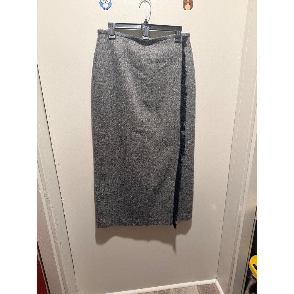 GoodClothes Wool Blend Maxi Skirt Fringe Detail Size 12 Grey‎ Tweed Wrap Style